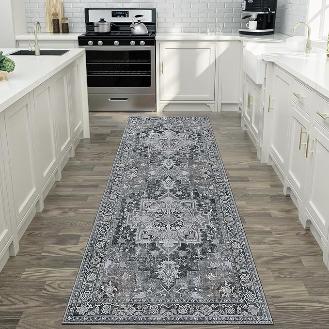 GENIMO 2x7 Runner Rugs for Hallway, Machine Washable Non Slip Vintage Rugs, Low Pile Lightweight Soft Print Rug for enrtyway, Corridor, Home Office, Kitchen,Dark Gray