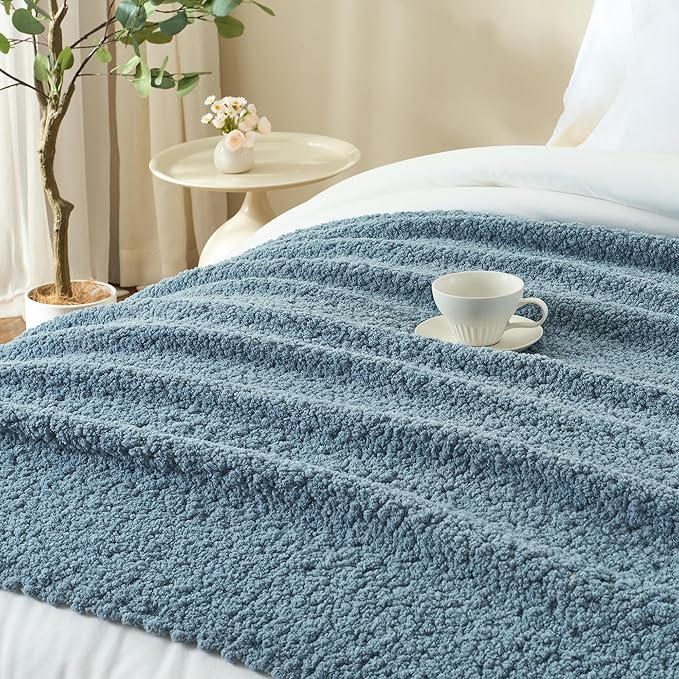 Throw Blanket for Couch, Dusty Blue Luxury Knitted Throws 50"x60", Textured Blankets with Handmade Fringe Tassels for Bed Sofa Decorative, Chunky Soft Farmhouse Boho Home Decor