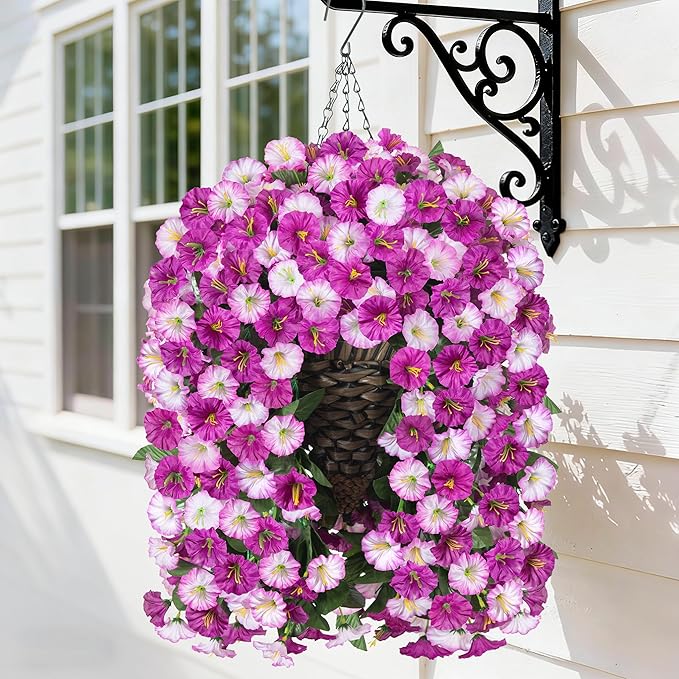 Artificial Fake Hanging Flowers Basket for Outdoor Indoor Decoration,UV Resistant Faux Silk Light Fuchsia and Fuchsia Morning Glory Flowers Plants Realistic Hanging Planter for Outside Home Porch Yard