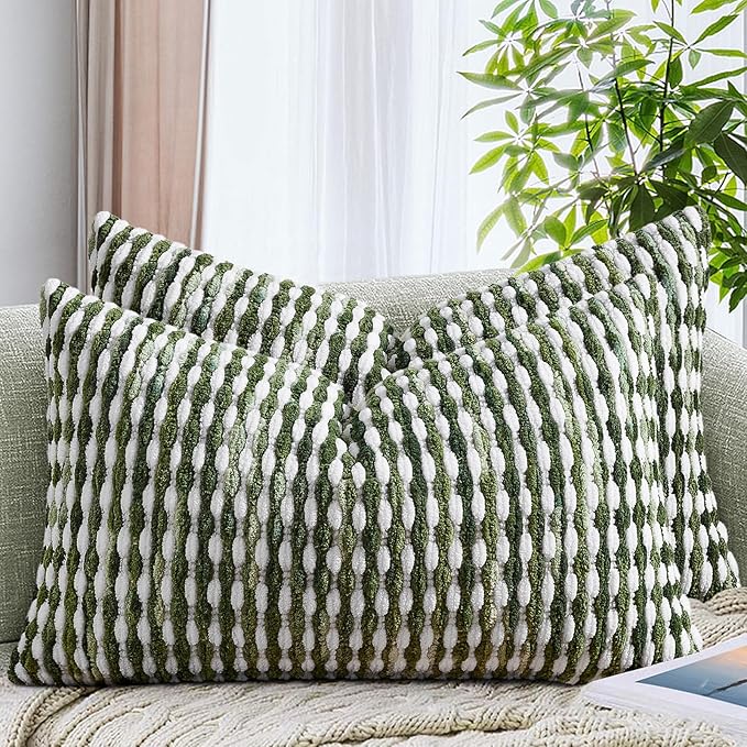 AmHoo Set of 2 Boho Chenille Pillow Cover Decorative Tufted Pillowcase for Couch Bed Sofa Bedroom Living Room Modern 12 x 20-Inch Sage Green