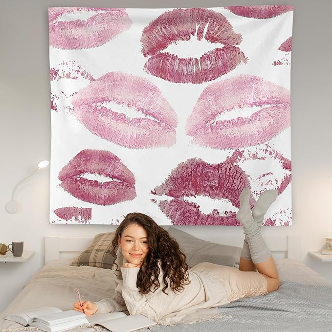 WNAGT Trendy Black and White Kiss Lips Tapestry Wall Hanging, Funky Makeup Wall Decor, Fashion Aesthetic Wall Blanket Decor for Girls Room College Dorm Makeup Room Beauty Room, 50x60 Inch