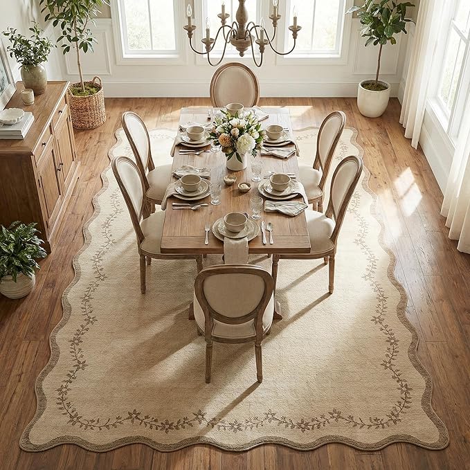 GarveeHome Scalloped Area Rugs 8x10 for Living Room, Solid Tan Jute Large Washable Rug Soft Non Slip Backing Floor Mat Carpet Indoor Thin Rug for Bedroom Dining Room Playroom Nursery Home Decor