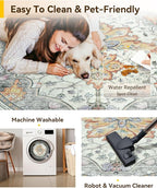 Area Rugs 8ft Washable Non-Slip, Floral Vintage Distress Print Pattern Medallion Carpet for Living Room Bedroom Dining Room, Light Yellow Carbon Grey Orange