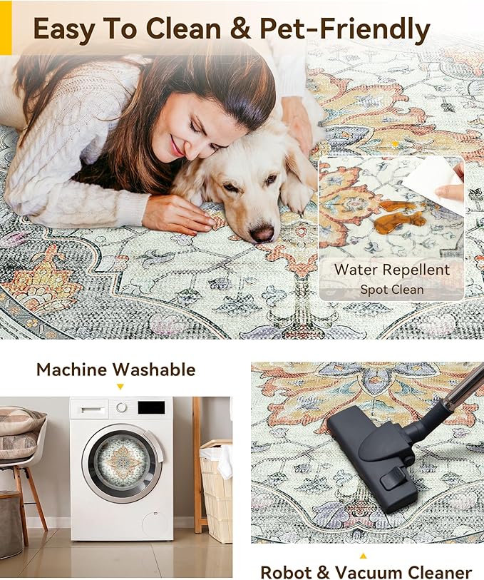 Area Rugs 8ft Washable Non-Slip, Floral Vintage Distress Print Pattern Medallion Carpet for Living Room Bedroom Dining Room, Light Yellow Carbon Grey Orange