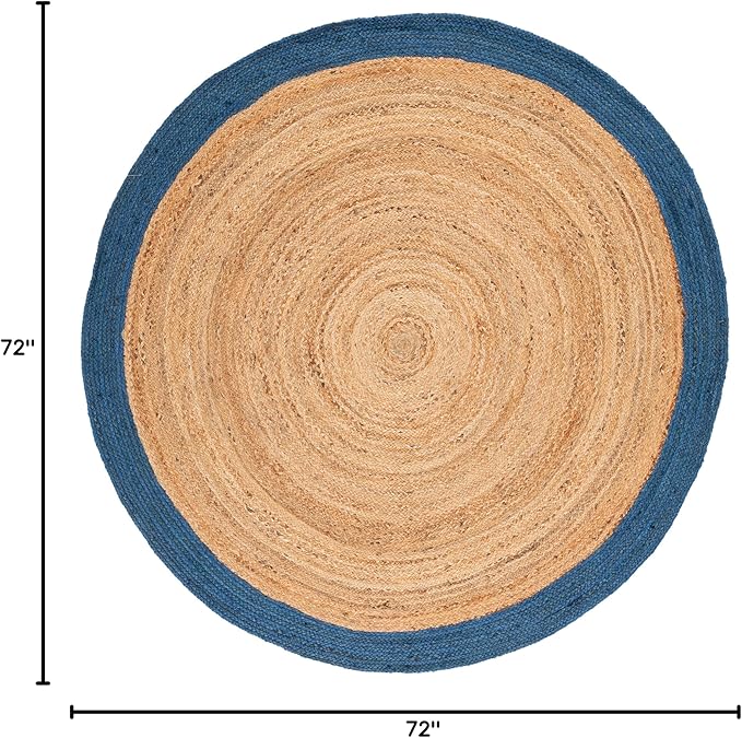 SAFAVIEH Natural Fiber Collection 6' Round Natural/Blue NFB852M Handmade Flatweave Boho Farmhouse Rustic Border Jute Area Rug