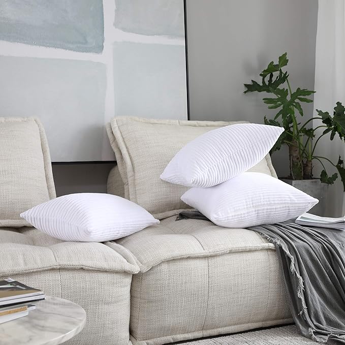 Home Brilliant White Euro Shams Set of 2 60x60 Pillow Covers Striped Corduroy Textured Velvet European Pillow Shams for Couch, 24 x 24 inch, Pure White