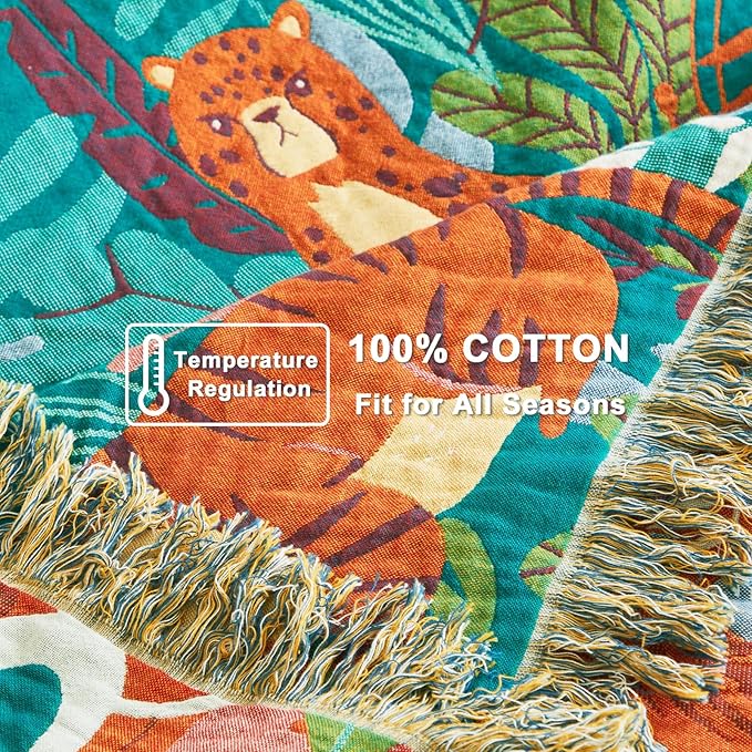 Throw Blanket for Couch Sofa Soft Cotton Spring Blankets for Bedroom Living Room All Season Reversible Forest Animals Whimsical Home Decor 50"x60" Breathable Throws