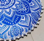 Round Mandala Floor Pillow Cover Seating Cushion Throw Cover Ottoman Pouf Cover Pom Pom Pillow Cases Hippie Decorative Bohemian Boho Indian 22 Inches (Blue White)