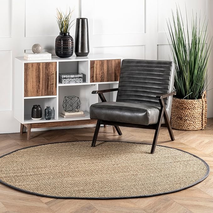 Nuloom Elijah Dark Grey/Natural, 8' Round, Basketweave, Seagrass, Soft and Textured, High Traffic, Stain Resistant, Easy Clean, Durable Area Rug for Bedroom, Living Room, Dining, Den, Foyer, Entryway