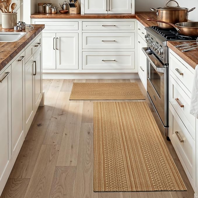 Cotton Blend Kitchen Rug Set 2 Piece, American Country Woven Runner Rug and Doormat, 20"x48"+20"x30", Rustic Farmhouse Washable Area Rugs for Kitchen, Laundry, Entryway