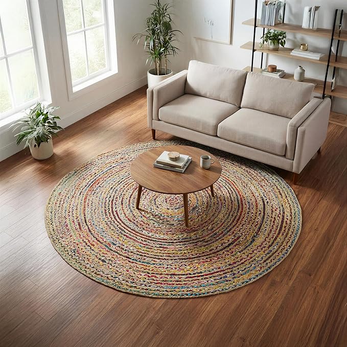· REDEARTH · Jute Cotton Chindi Area Rug - 6' Round Rug, Handwoven, Non-Shedding, Soft & Durable – Multi Tones for Home Décor in Living Room, Dining Room, Bedroom