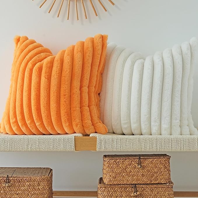 JOJUSIS Pack of 2 Faux Fur Plush Decorative Throw Pillow Covers Couch Cushion Case Soft Pillowcases Fall Pillowcases (Orange, 18 x 18-Inch)