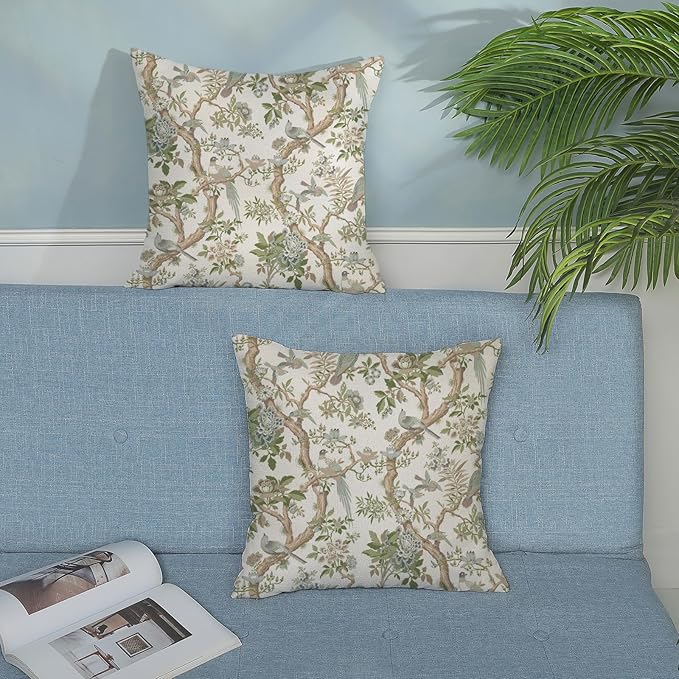 Green Floral Bird Pillow Covers 20x20 Set of 2 Chinoiserie Throw Pillows Green Vintage Flowers Bird Decorative Pillow Cases Outdoor Chinoiserie Decor Farmhouse Cushion Case for Couch Sofa
