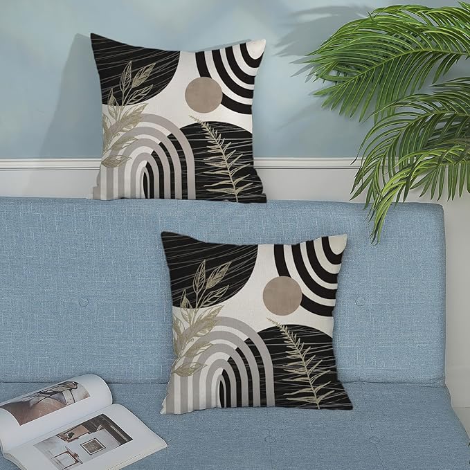 Boho Black Pillow Covers 18x18 Set of 2 Gold Leaf Tropical Mid Century Throw Pillows Outdoor Bohemian Abstract Modern Decorative Pillow Cases Farmhouse Linen Cushion Case for Couch Sofa Decor
