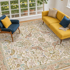 Washable Area Rugs 5x8 for Bedroom - Western Nature Rugs for Living Room, Dining Room,Playroom, Guest Room with Boho Beige Neutral Botanical & Bird Pattern, Non Slip Stain Resistant Low Pile