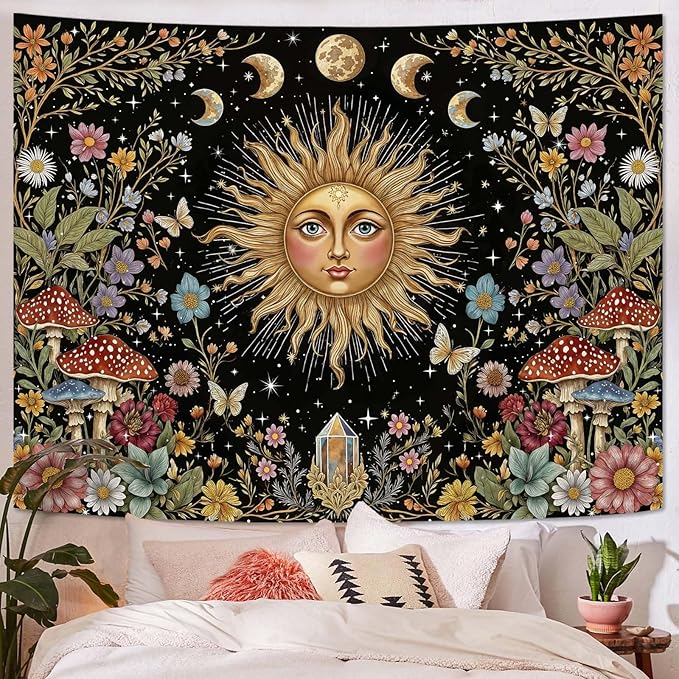 Aipon Boho Sun and Moon Tapestry Hippie Mushroom Floral Wall Tapestry for Bedroom Aesthetic Moon Phase Vintage Plant Celestial Small Tapestries Wall Hanging for Living Room Dorm 48 x 36 Inch