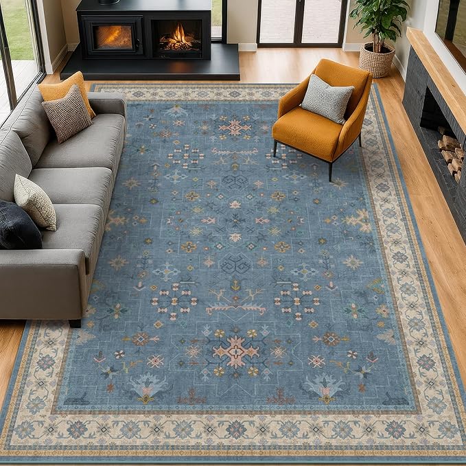 Boho 8x10 Large Area Rugs for Living Room - Eclectic Dusky Blue Rug for Bedroom Under Bed, Dining Room Under Kitchen Table, Washable Soft Non Slip Unique Colorful Indoor Décor