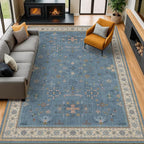 Blue Big Rugs for Living Room - Dusty Blue 10x14 Area Rug for Large Bedroom, Dining Room, Washable Lightweight Low Pile Foldable Eclectic Modern Floral Home Décor