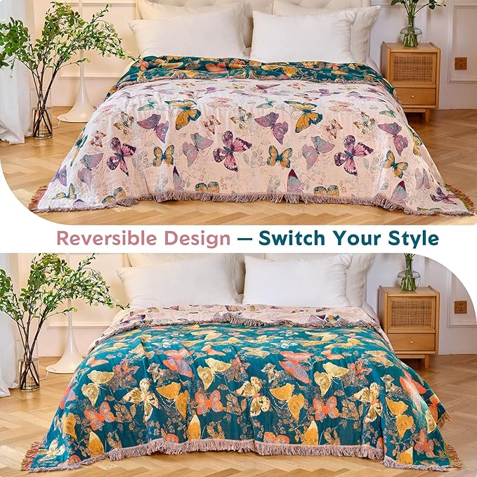 Boho Butterfly Throw Blanket 60"x80" Twin Size Bed Blanket,100% Cotton Reversible Soft Breathable Lightweight Spring Decorative Blankets with Tassels for Couch Sofa Decor All Season