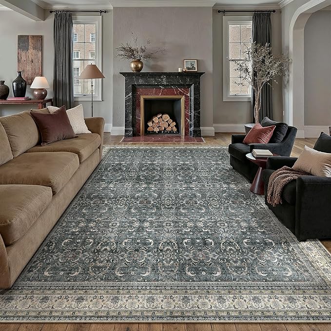 HUGEAR Area Rug 6x9 Vintage Black Machine Washable Living Room Rugs Distressed Retro Floral Vacuumable Low Pile Carpet Bedroom Office Dining Room Laundry Room Non Slip Soft Lightweight