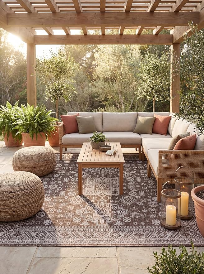 Rugs.com Outdoor Aztec Collection Rug – 8 Ft Square Brown Flatweave Rug Perfect for Living Rooms, Kitchens, Entryways