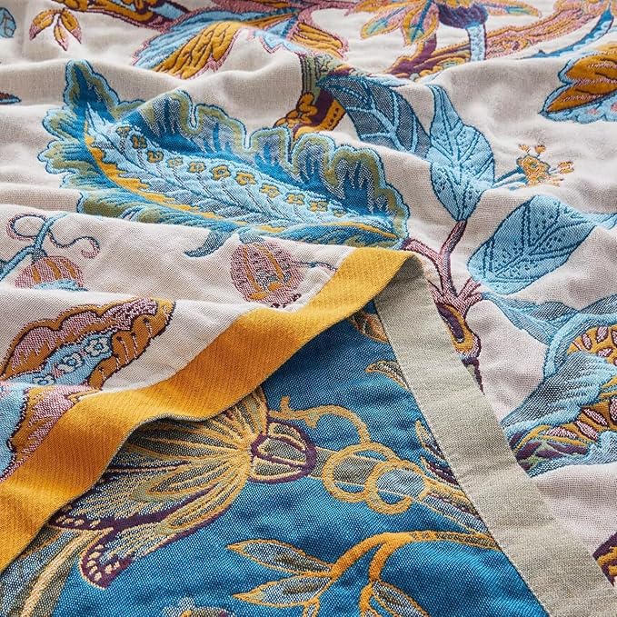 Boho Blanket for Bed 100% Cotton Bohemian Throw Blankets Ultra Soft Woven Muslin Decorative Blankets All Seasons Vintage Quilt Knitted Blanket for Sofa Chair(Beige, 80"x90")