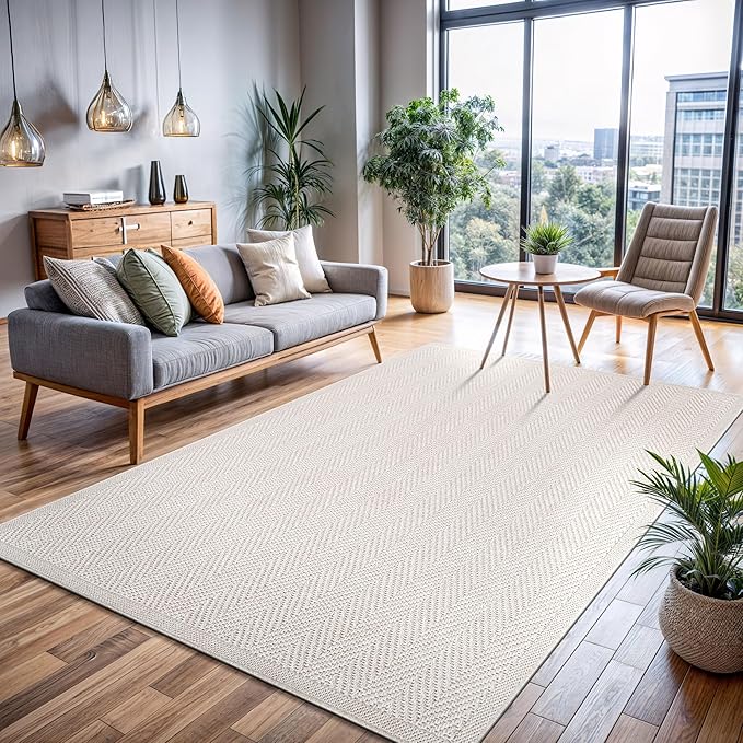 CAMILSON Easy Jute Rug 9x12, Indoor Outdoor Off-White Color Fiber Area Rugs for Living Room and Patio Rug Herringbone Seagrass Boho Woven Design Easy-Cleaning Washable Outside Carpet Alfombras 9 x 12