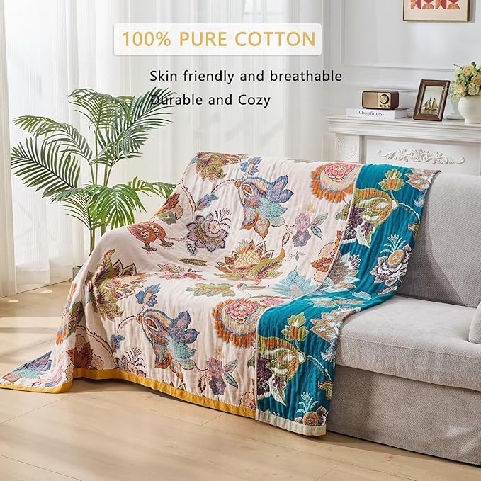 Boho Throw Blanket Farmhouse Decor Throw Blanket Bohemian Blanket for Bed 100% Cotton Muslin Woven Couch Blanket All Seasons Quilt Bedroom (Beige, 80"x90")