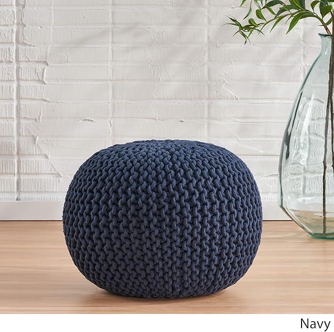 GDFStudio Handcrafted Modern Cotton Pouf Ottoman Foot Stool - Bean Bag Floor Chair - Foot Rest Couch for Living Room Bedroom, Navy