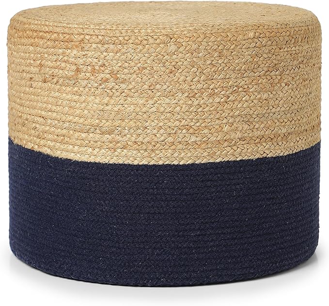 · REDEARTH · Cylindrical Pouf Foot Stool Ottoman - Jute Braided Pouffe Poof Accent Sitting Footrest for Living Room, Bedroom, Nursery, Patio, Lounge & Other Rooms (Navy Natural, 18"X18"X14")