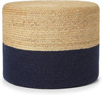 · REDEARTH · Cylindrical Pouf Foot Stool Ottoman - Jute Braided Pouffe Poof Accent Sitting Footrest for Living Room, Bedroom, Nursery, Patio, Lounge & Other Rooms (Navy Natural, 18"X18"X14")