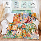 Boho Floral Throw Blanket 60"x80" 100% Cotton Twin Size Bed Blanket with Tassels,Reversible Soft Breathable Lightweight Decorative Flower Blankets for Couch Sofa Farmhouse Decor All Season