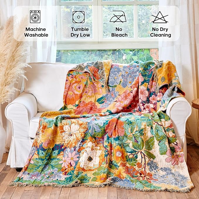Boho Floral Throw Blanket 60"x80" 100% Cotton Twin Size Bed Blanket with Tassels,Reversible Soft Breathable Lightweight Decorative Flower Blankets for Couch Sofa Farmhouse Decor All Season