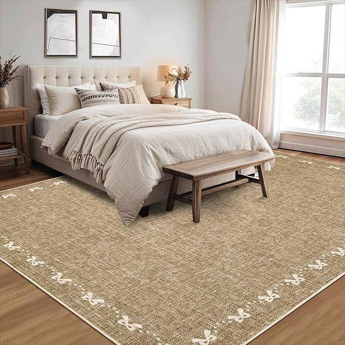 GarveeHome Bow Washable 8x10 Area Rug for Living Room Non Slip Soft Bedroom Rugs Solid Light Brown Bordered Rug Low Pile Stain Resistant Carpet for Nursery Dining Room Playroom Classroom, Light Brown