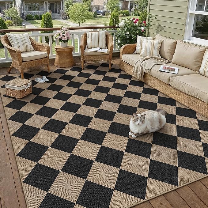 5x7 Checkered Easy Jute Area Rug for Living Room Checkerboard Washable Indoor Outdoor Carpet Farmhouse Patio Office Mat Textured Diamond Non Slip Black Carpet for Backyard Dining Room