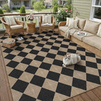 5x7 Checkered Easy Jute Area Rug for Living Room Checkerboard Washable Indoor Outdoor Carpet Farmhouse Patio Office Mat Textured Diamond Non Slip Black Carpet for Backyard Dining Room