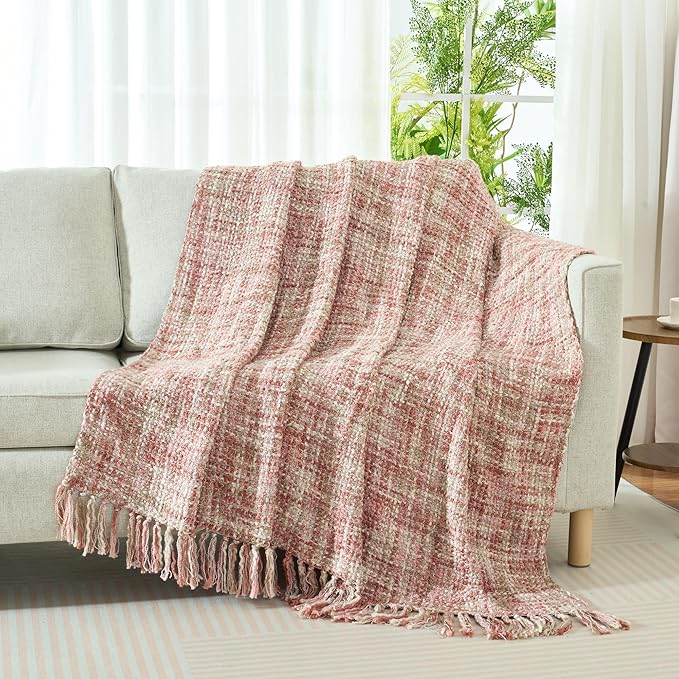 Multi-Color Light Pink Cable Woven Throw Blanket for Couch,60"X80" Boho Style Textured Blankets for Home Decor,Super Soft Warm Cozy Chunky Blanket with Decorative Tassels for Bed