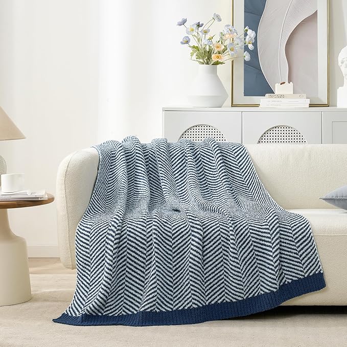Snuggle Sac Herringbone Throw Blanket for Couch, Reversible Super Soft Warm Blankets Cozy Knit Fuzzy Plush Lightweight Throws for Sofa, Bed, Camping, Navy, 50x60 inches