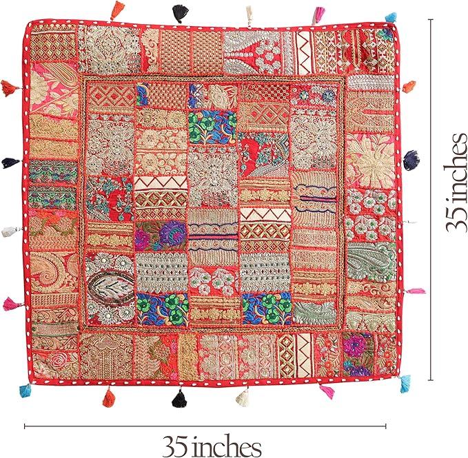 THE ART BOX Cotton Patchwork Vintage Boho Embroidered Floor Pillows & Cushion Cover Dog Pouf Seating Pouf Meditation Pillow Pet Bedding Cat Bed Boho Home Décor (35x35 Inches, Cover Only)