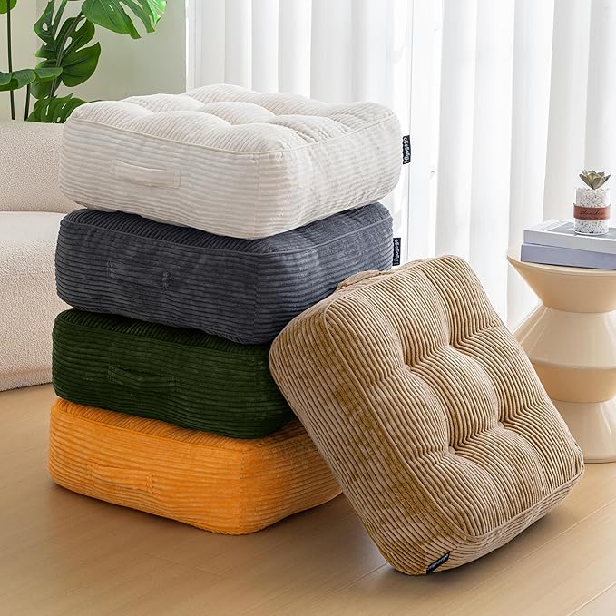 HIGOGOGO 8" Extra Thick Floor Pillow Cushion for Adults, Meditation Cushion Pillow, Large Square Floor Sitting, Tufted Corduroy Cover, for Tatami Living Room or Yoga, 22x22 Inch, Coffee