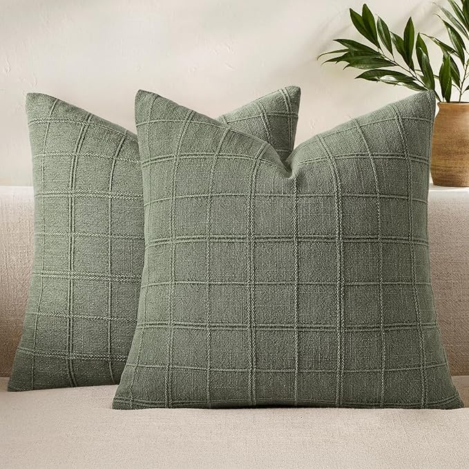 Woaboy Linen Check Throw Pillow Covers Set of 2 - Light Olive Green Farmhouse Modern Boho Vintage Decorative Cushion Covers Spring Home Decor for Sofa Couch Bedroom Living Room 18x18 Inch