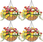 4 Pack 14 Inch Hanging Baskets for Plants Outdoor Metal Hanging Planter Hanging Flower Baskets with Coco Fiber Liners Chain Round Wire Plant Holder Hanging Flower Pots(Flower Border)
