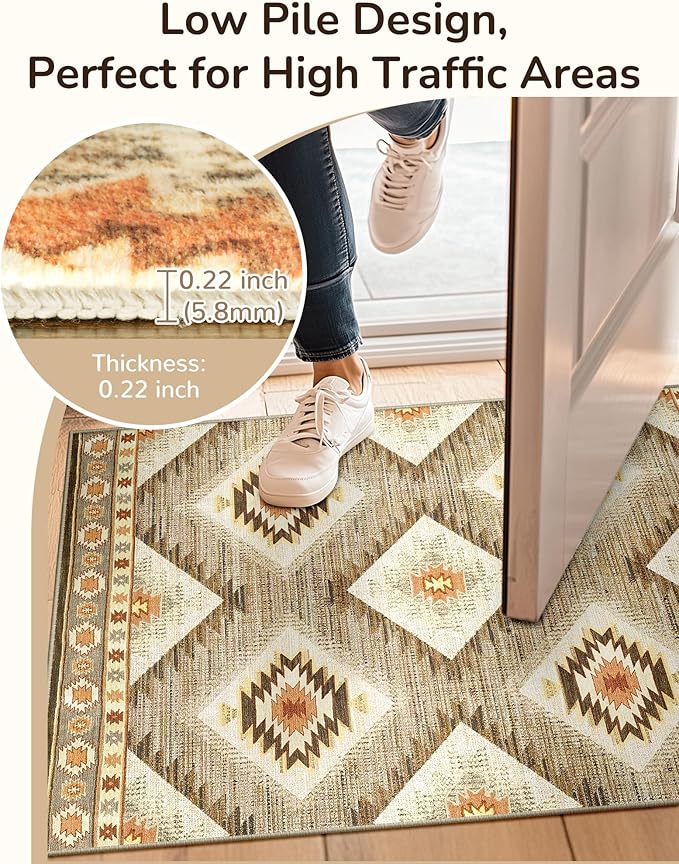 Area Rug 5x7 Rug Machine Washable Non-Slip Low Pile Print Pattern Western Rug for Living Room Bedroom Entryway Tribal Series -Cream/Camel