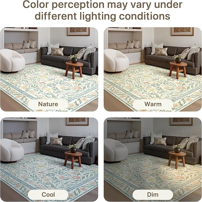 GENIMO 8x10 Washable Area Rug, Non-Slip Vintage Boho Floral Carpet, Soft Low-Pile Thin Living Room Rug for Bedroom, Dining Room, Nursery, Green