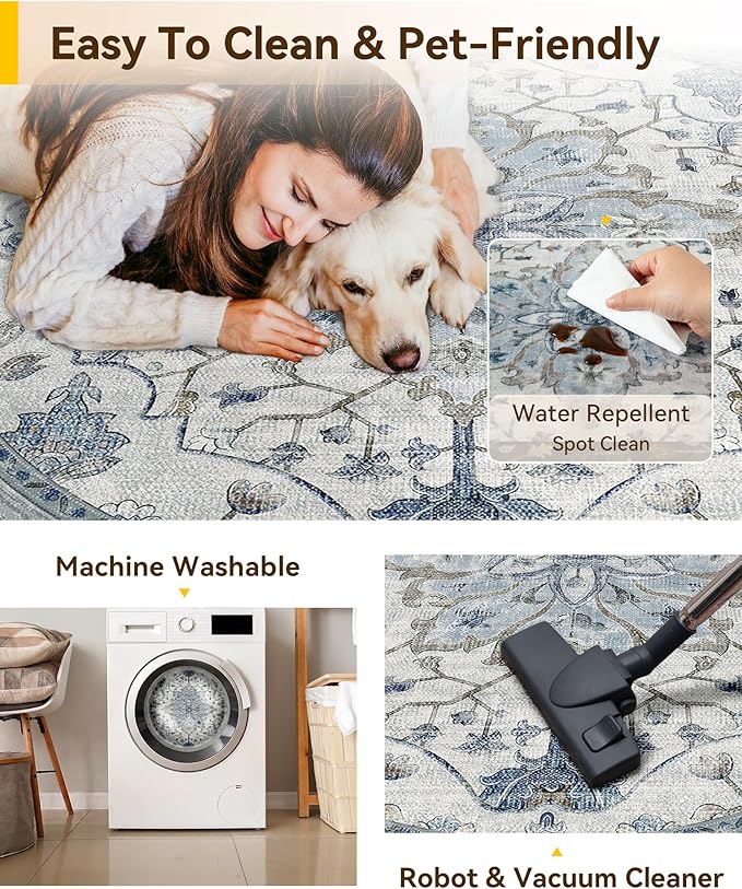 Area Rugs 5ft Washable Non-Slip, Floral Vintage Distress Print Pattern Medallion Carpet for Living Room Bedroom Dining Room, Light Blue Navy Beige Gray White