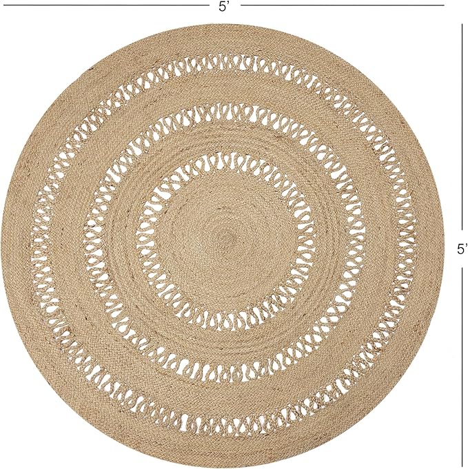 · REDEARTH · Round Area Rug - 5 Feet Braided Scalloped Earthy Trails Jute Rug- Artisan Made Boho Jute Patterned Rugs for Bedroom, Kitchen, Living Room, Farmhouse, Aesthetic, Handmade Vintage Décor