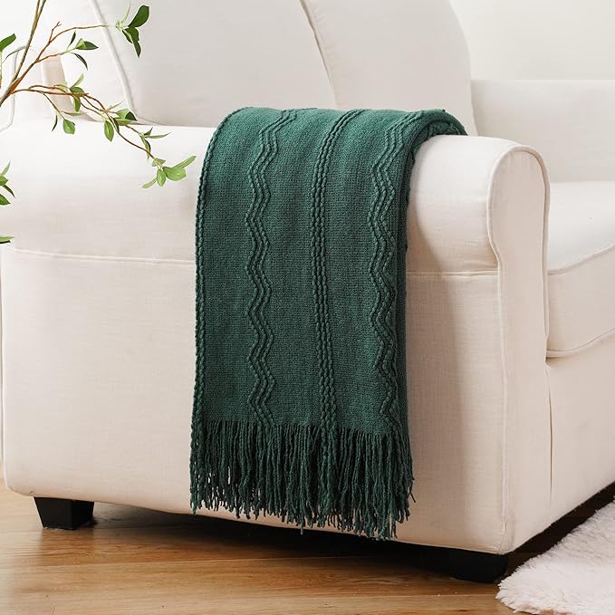 BATTILO HOME Christmas Décor Green Throw Blanket with Fringe, Geometric Bed Throws Dark Green Throws Decorative Throw Blanket for Couch, 50"x60"