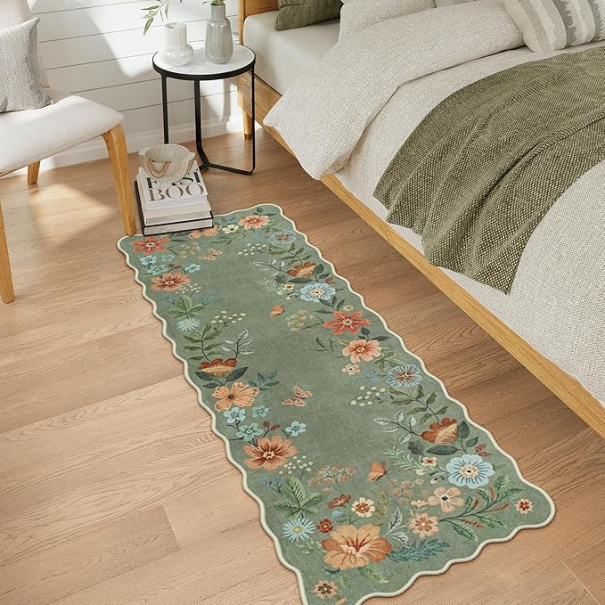 Lahome Floral Washable Runners for Hallways, 2x5 Kitchen Runner Ultra-Thin, Non-Slip Soft Hallway Rug Stain Resistant Boho Low-Pile Carpet for ‎Laundry Bathroom Bedroom Flore (2x5ft,Green)