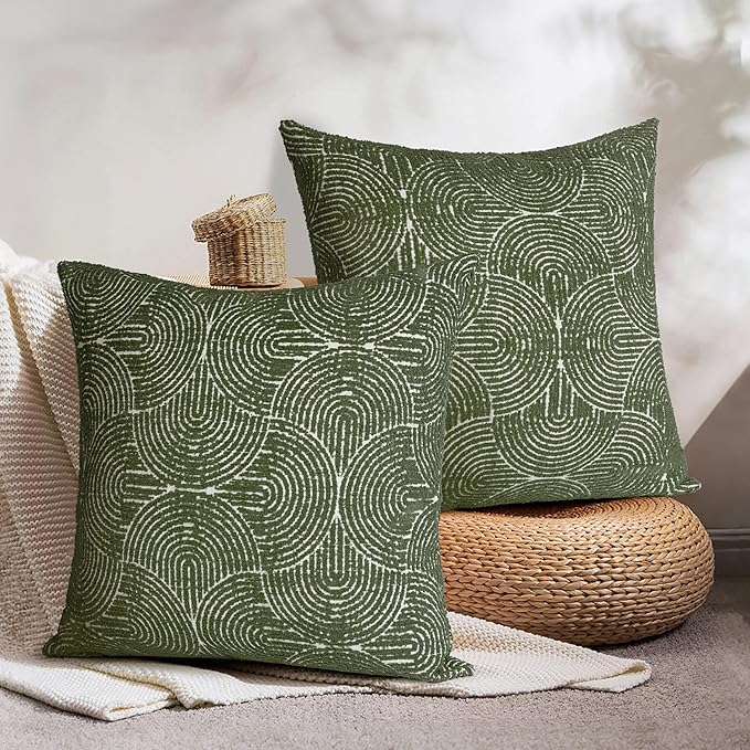 AELS Boho Decorative Textured Throw Pillow Covers 24x24, Modern Mid Century Rainbow Tufted Pillow Case, Farmhouse Rustic Geometric Woven Cushion Case for Bed Couch Sofa, Olive Green