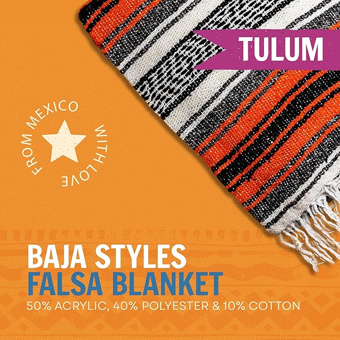 Large Mexican Blanket in Orange — Handcrafted Serape Falsa Yoga Blanket (73” x 48”) – Durable Throw for Camping, Beach & Outdoor Use – Artisan Craft, Made in Mexico from Recycled Fibers